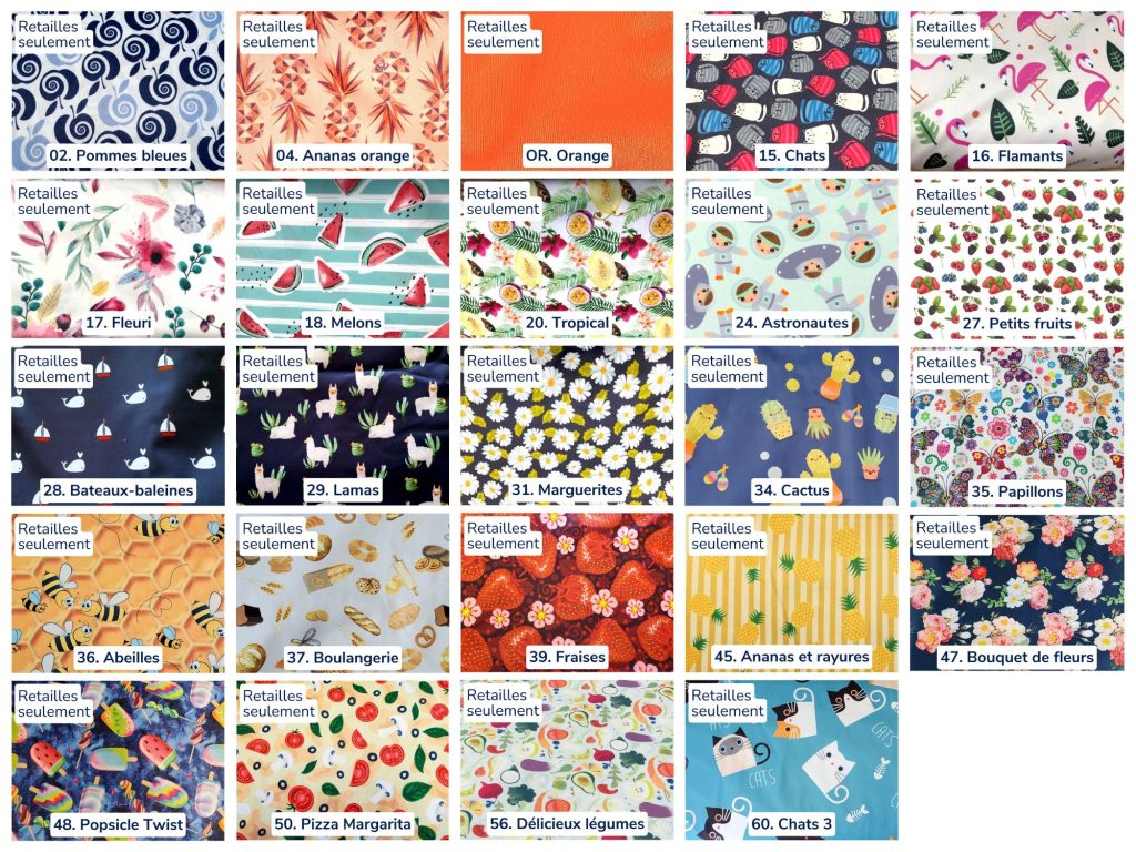 Tous les imprimés de tissu disponibles pour les produits imperméables Taille & Retailles