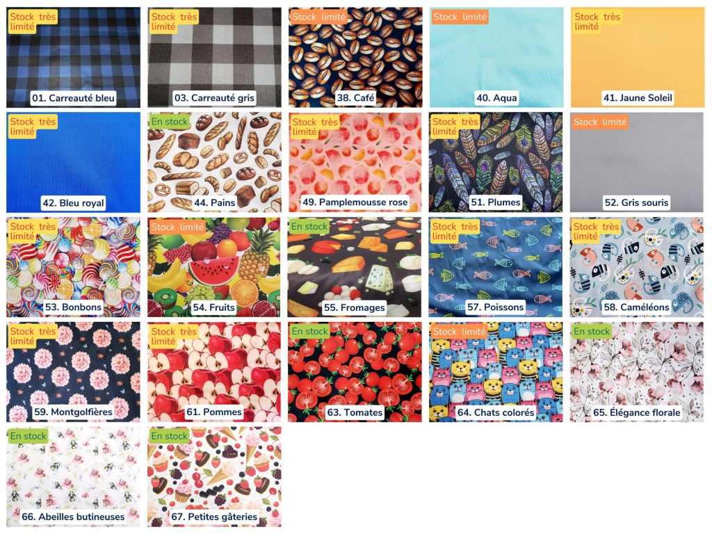 Tous les imprimés de tissu disponibles pour les produits imperméables Taille & Retailles