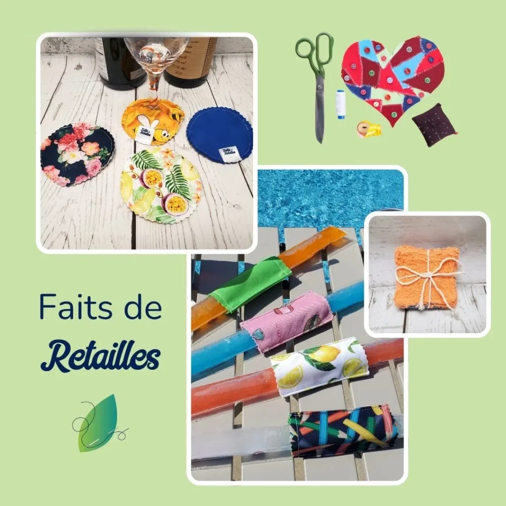 Faits de retailles : sous-verre à vin, manchon isolants pour bâtons glacés et lingettes démaquillantes Taille & Retailles